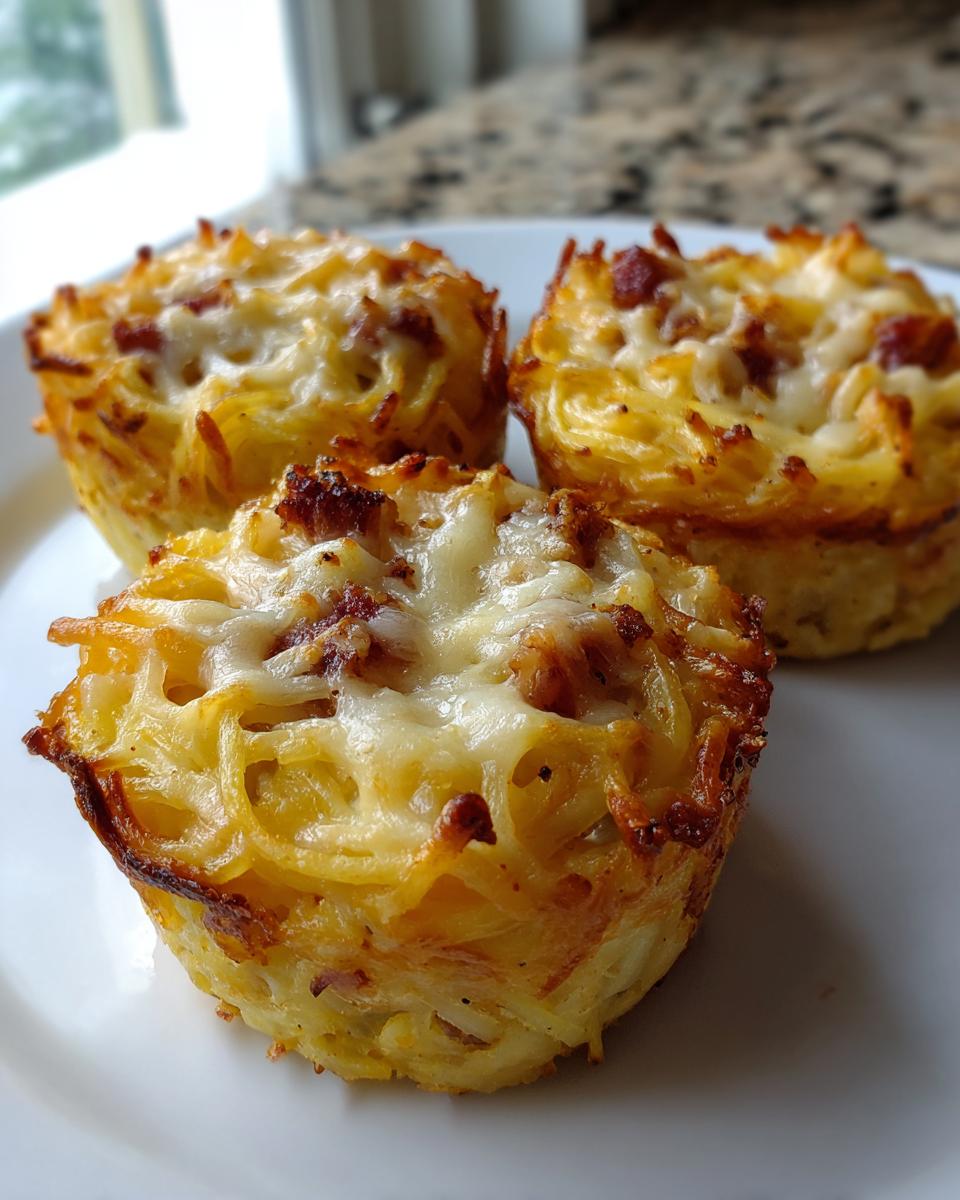 Three baked Leftover Spaghetti Carbonara muffins topped with melted cheese and crispy bacon bits on a white plate.