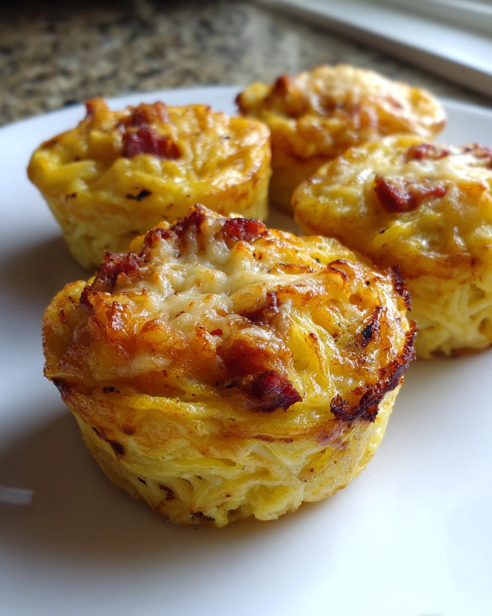 Four golden-brown baked muffins made from Leftover Spaghetti Carbonara, topped with melted cheese and bacon bits.