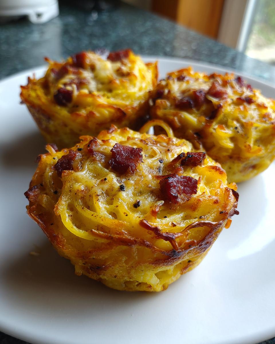 Three baked Leftover Spaghetti Carbonara muffins topped with crispy bacon bits on a white plate.