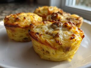 Three golden-brown baked muffins made from Leftover Spaghetti Carbonara, topped with melted cheese.