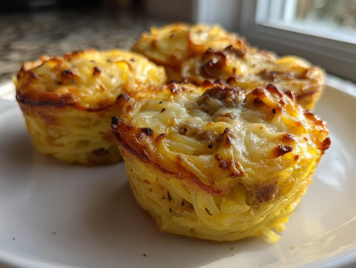 Three golden-brown baked muffins made from Leftover Spaghetti Carbonara, topped with melted cheese.