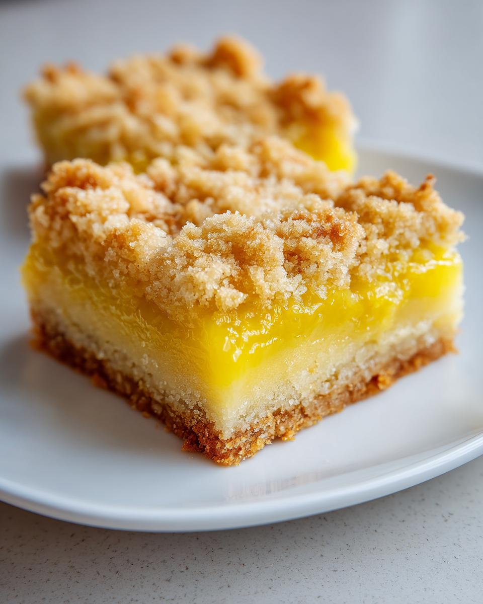 A close-up shot of a perfectly cut, thick slice of lemon crumb bars showing the bright yellow filling and crumbly topping.