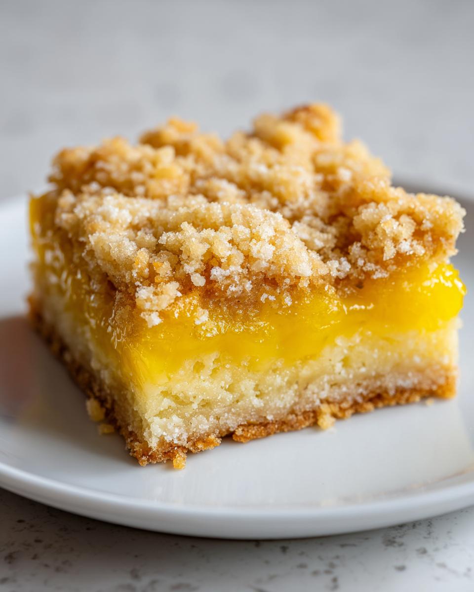 A single square of lemon crumb bars showing a thick, bright yellow lemon filling and a textured crumb topping.