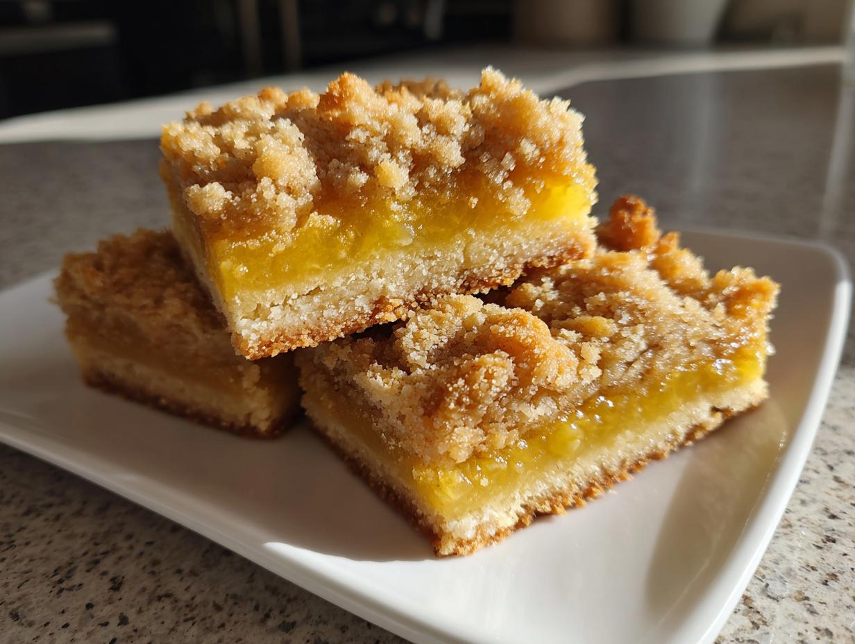 Close-up of three delicious lemon crumb bars stacked on a white rectangular plate, showing the thick lemon filling and crumb topping.