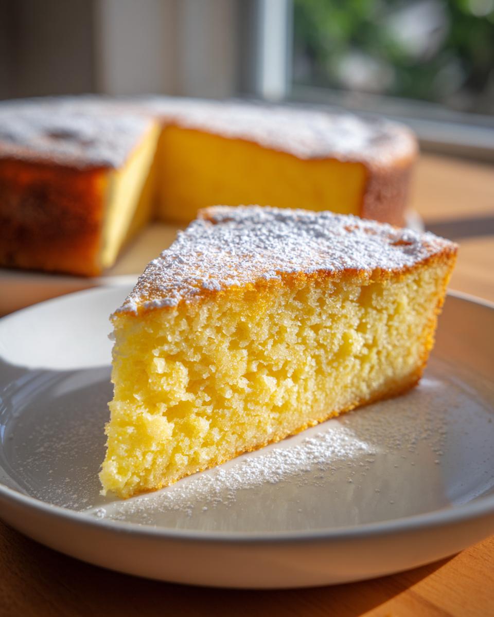 A close-up slice of moist Lemon Ricotta Cake dusted with powdered sugar on a white plate.