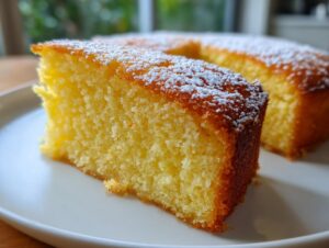 Close-up of a moist slice of bright yellow Lemon Ricotta Cake dusted with powdered sugar on a white plate.