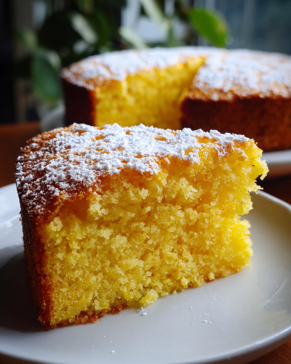 Close-up of a moist, yellow slice of Lemon Ricotta Cake dusted with powdered sugar.