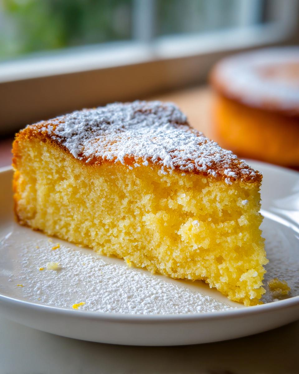 Close-up of a bright yellow slice of Lemon Ricotta Cake dusted generously with powdered sugar on a white plate.