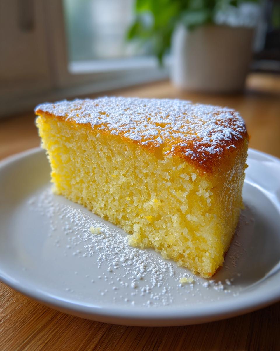 A moist slice of bright yellow Lemon Ricotta Cake dusted generously with powdered sugar, served on a white plate.