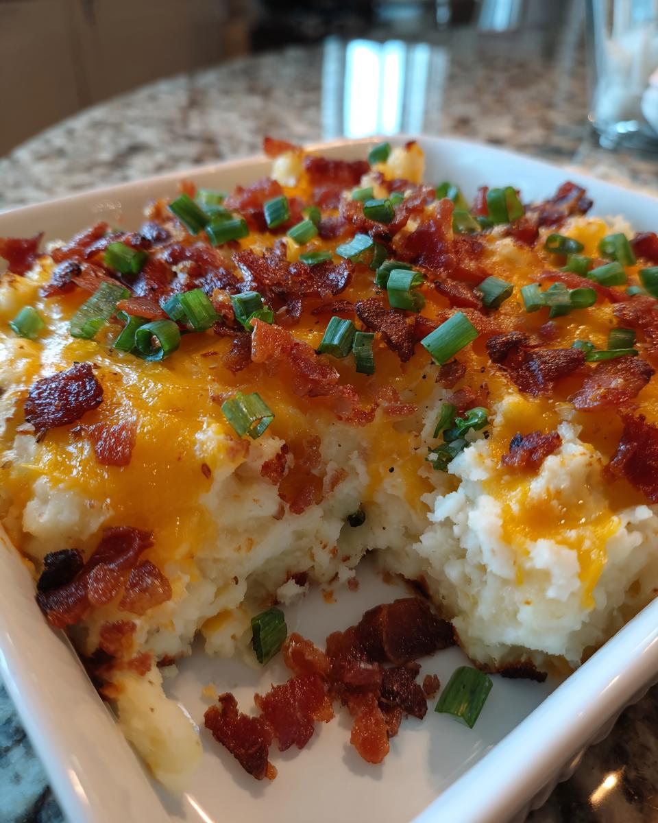 A close-up view of a baked mashed potato casserole topped with melted cheddar cheese, crispy bacon bits, and chopped green onions.