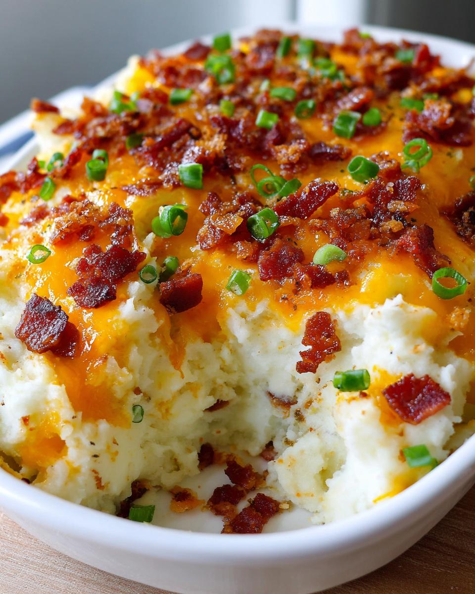 A close-up view of a scoop taken out of a creamy mashed potato casserole topped with melted cheddar cheese, bacon bits, and green onions.