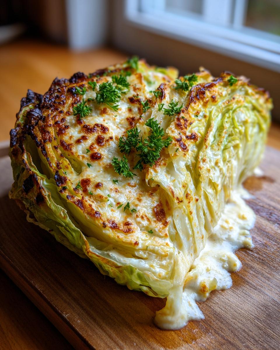 A wedge of baked Marry Me Melting Cabbage topped with browned cheese and fresh parsley.