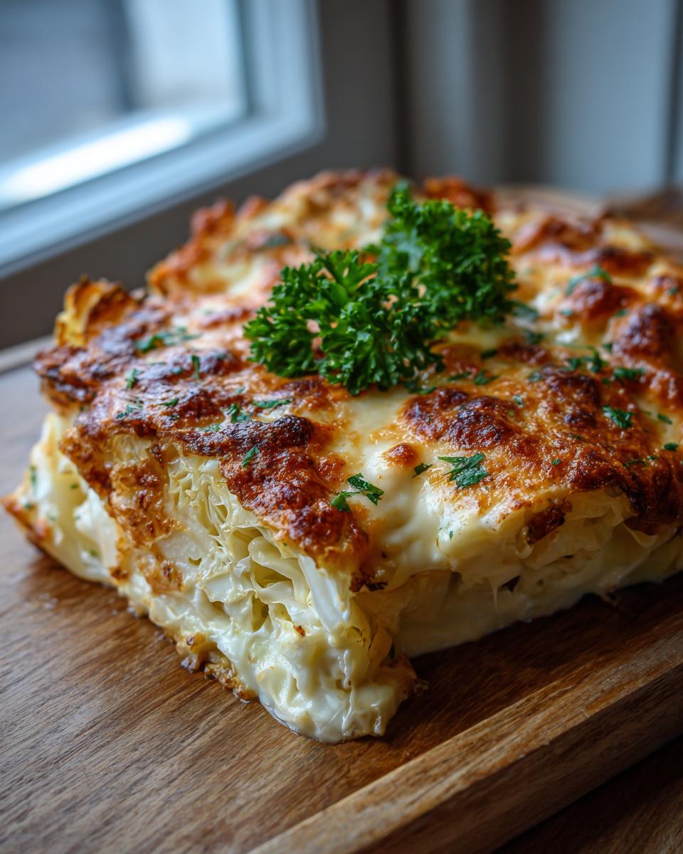 Close-up of a slice of Marry Me Melting Cabbage, showing layers of tender cabbage baked in a creamy sauce with a golden-brown, cheesy crust.