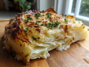 A thick slice of Marry Me Melting Cabbage showing layers of tender cabbage baked with a creamy, browned cheese topping.
