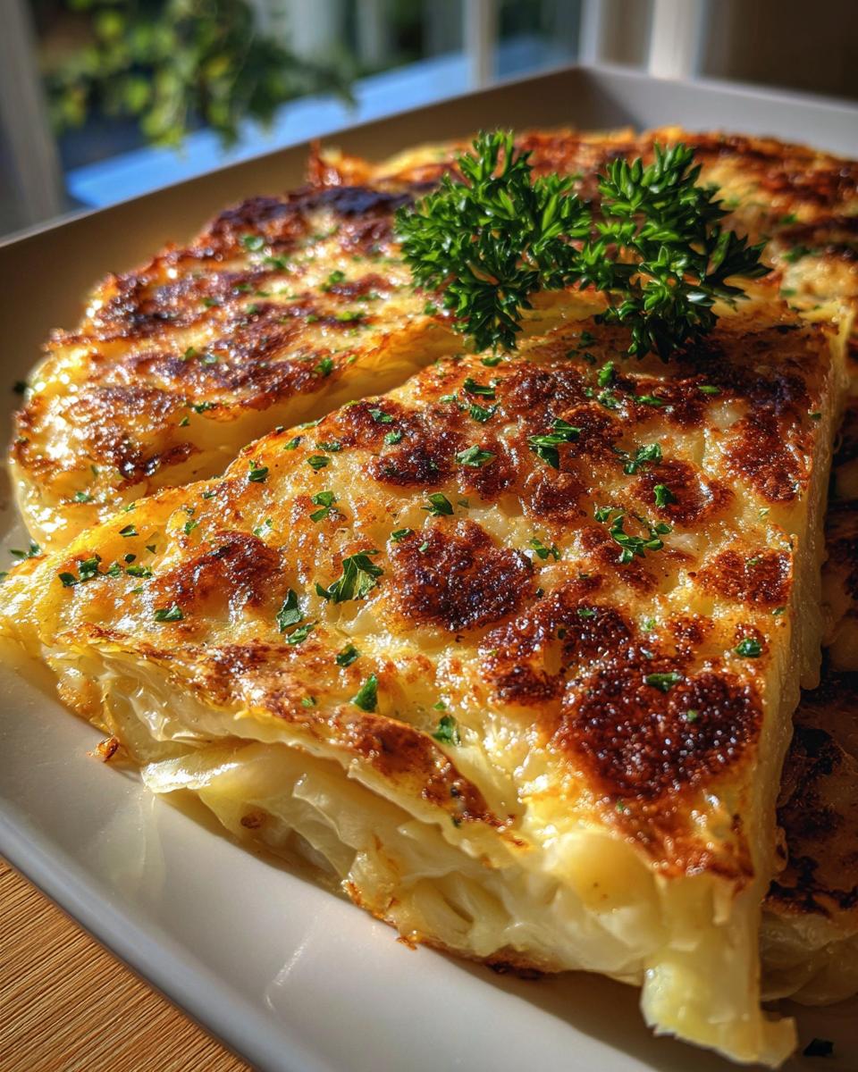 Close-up of a slice of Marry Me Melting Cabbage, showing layers of soft cabbage and a richly browned, cheesy top.