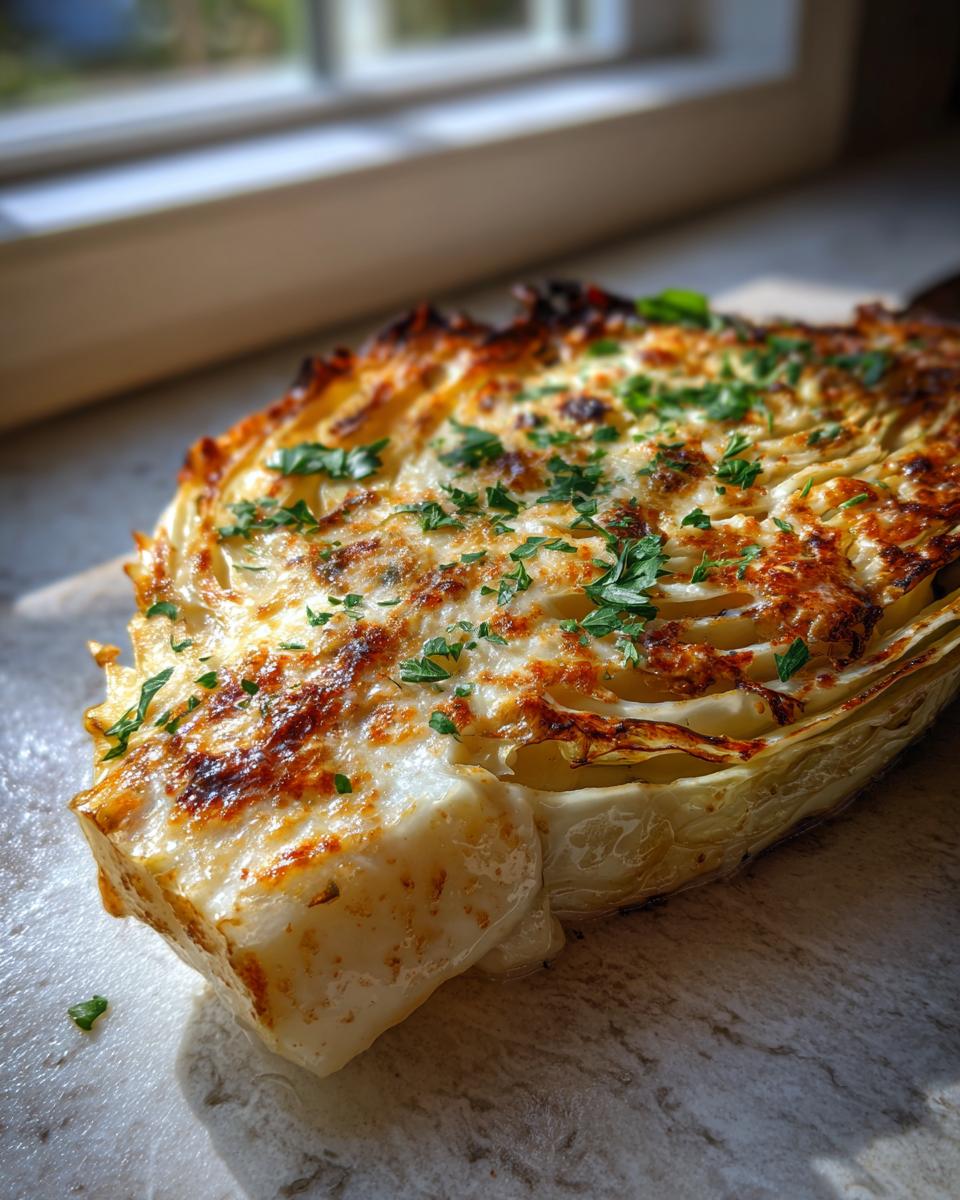 A thick wedge of Marry Me Melting Cabbage baked with a browned, cheesy topping and fresh parsley.