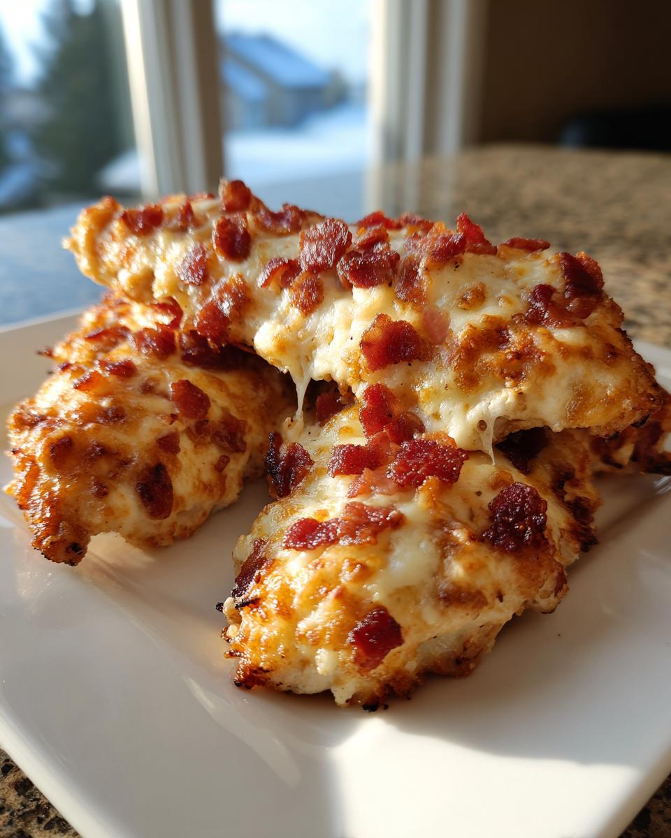Close-up of baked crack chicken tenders topped with melted cheese and crispy bacon bits on a white plate.