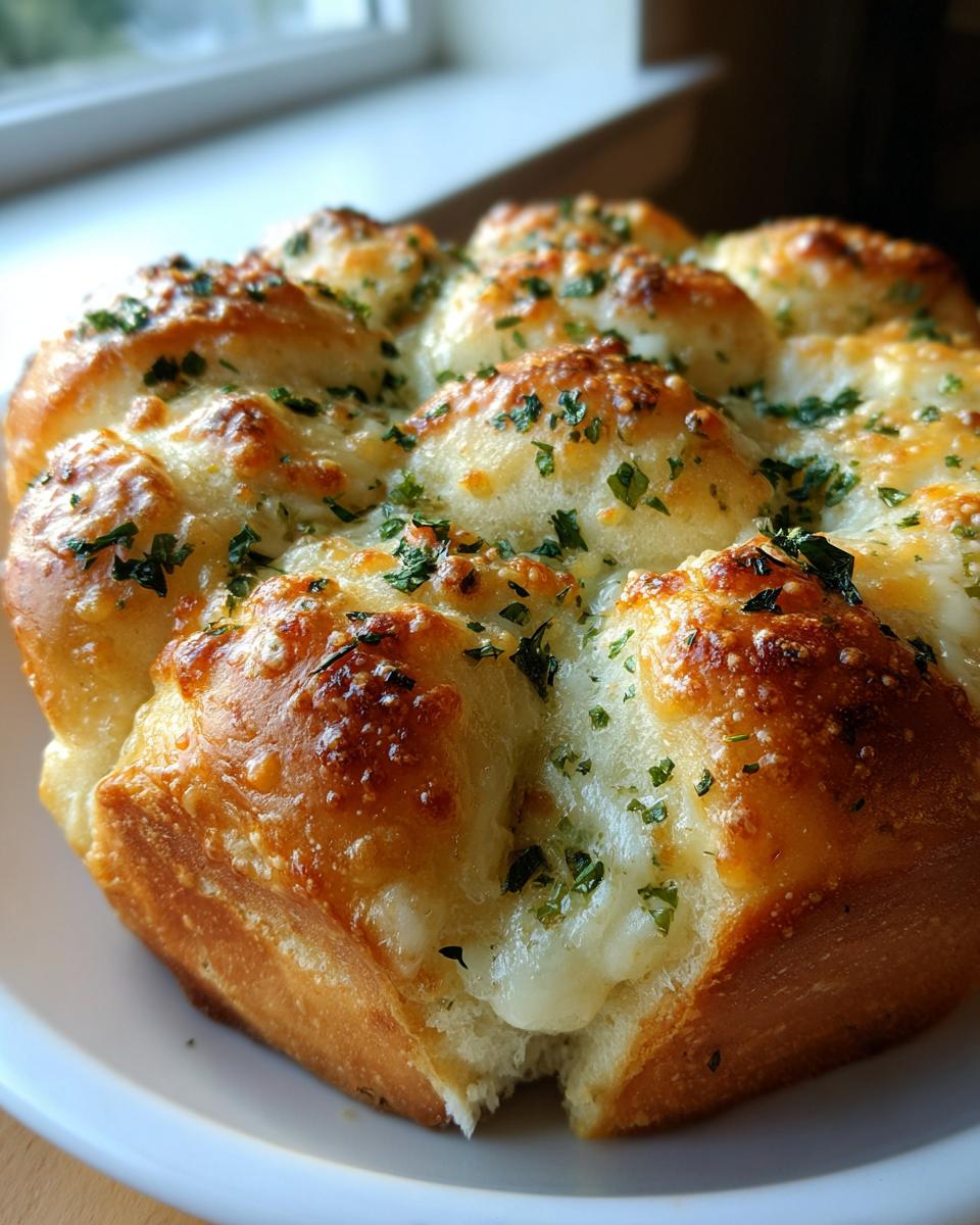 Close-up of freshly baked garlic cheese rolls topped with melted, golden cheese and chopped parsley.