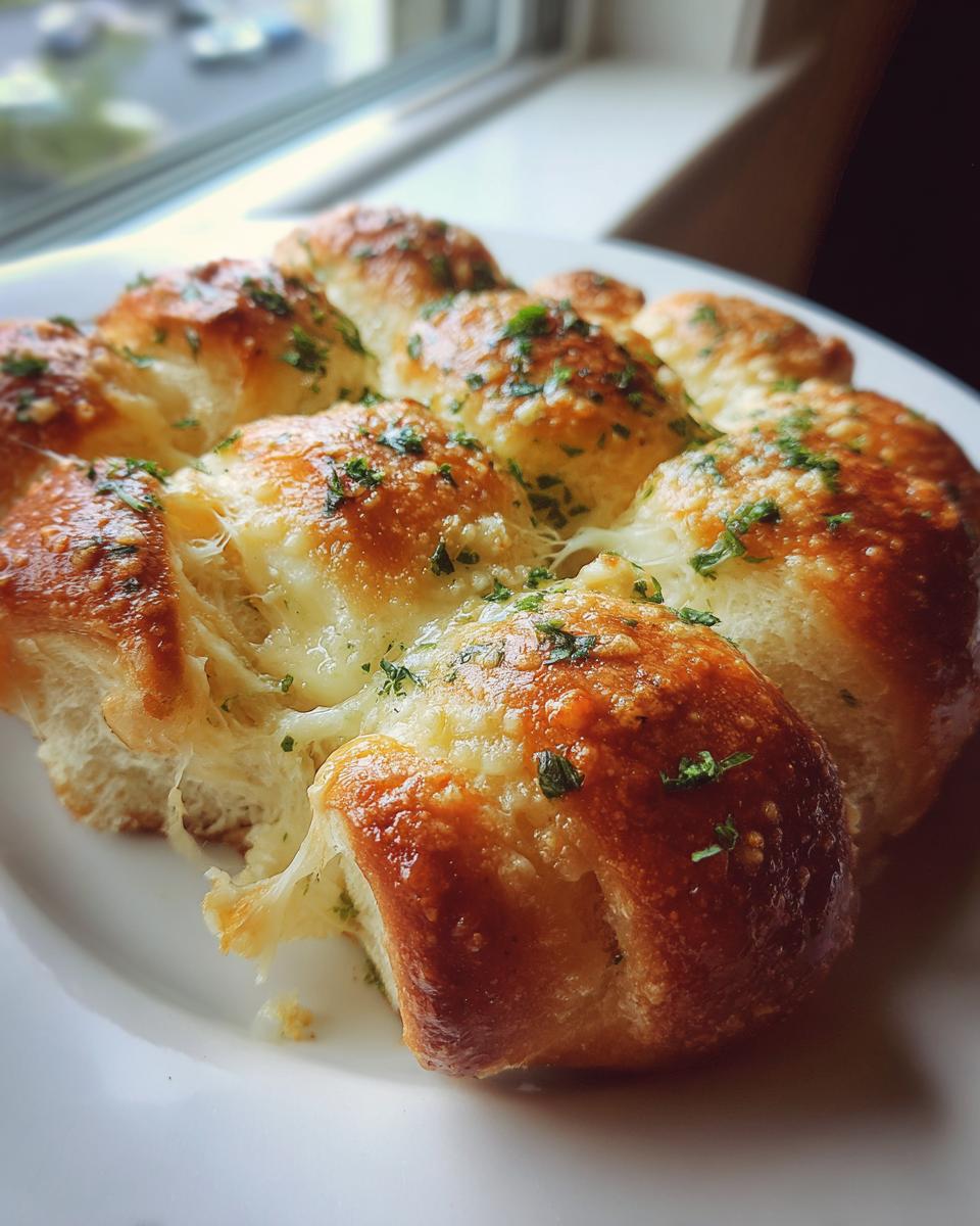 Close-up of freshly baked garlic cheese rolls with melted, gooey cheese and a sprinkle of parsley.