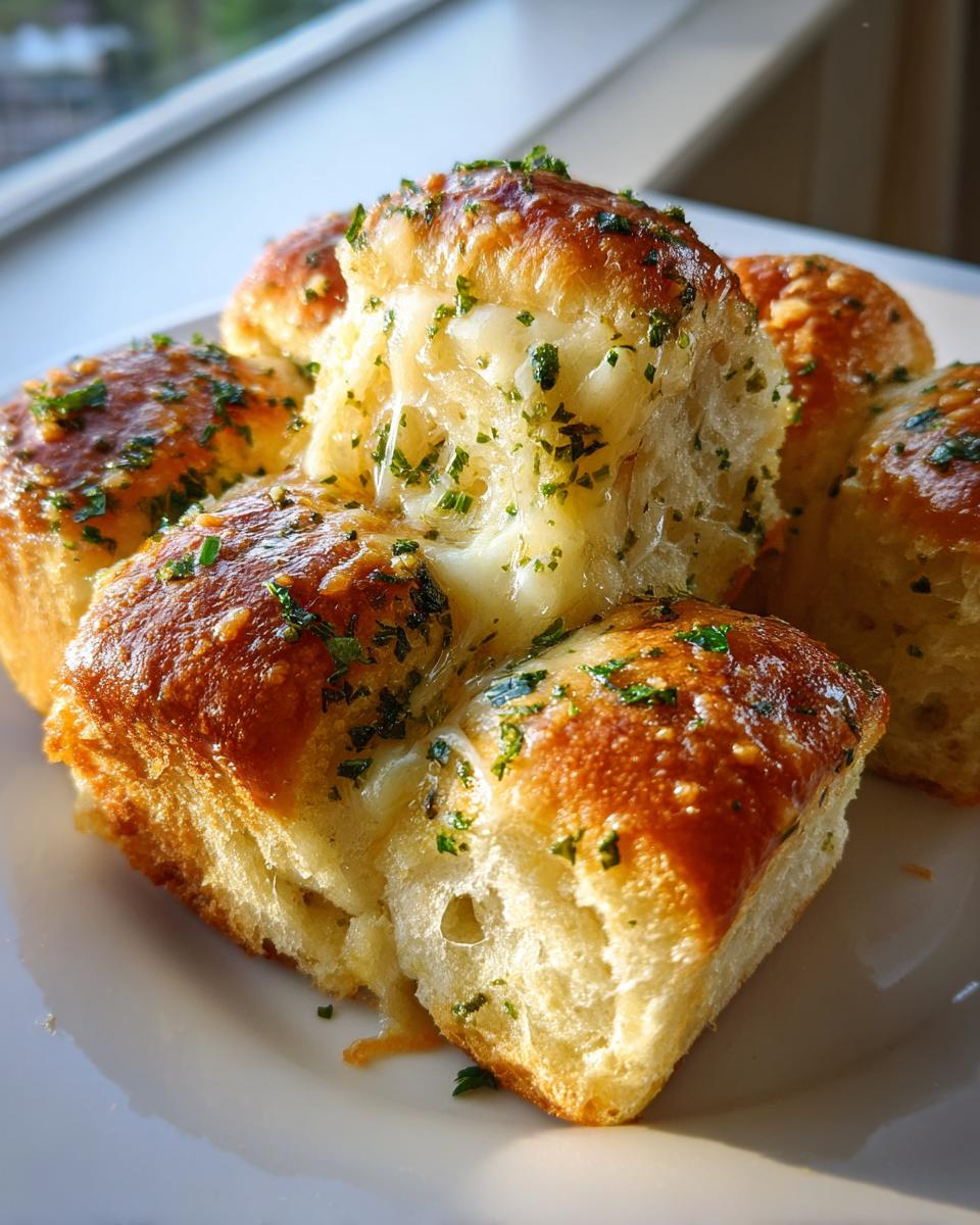 Close-up of freshly baked garlic cheese rolls with melted cheese oozing out and sprinkled with parsley.