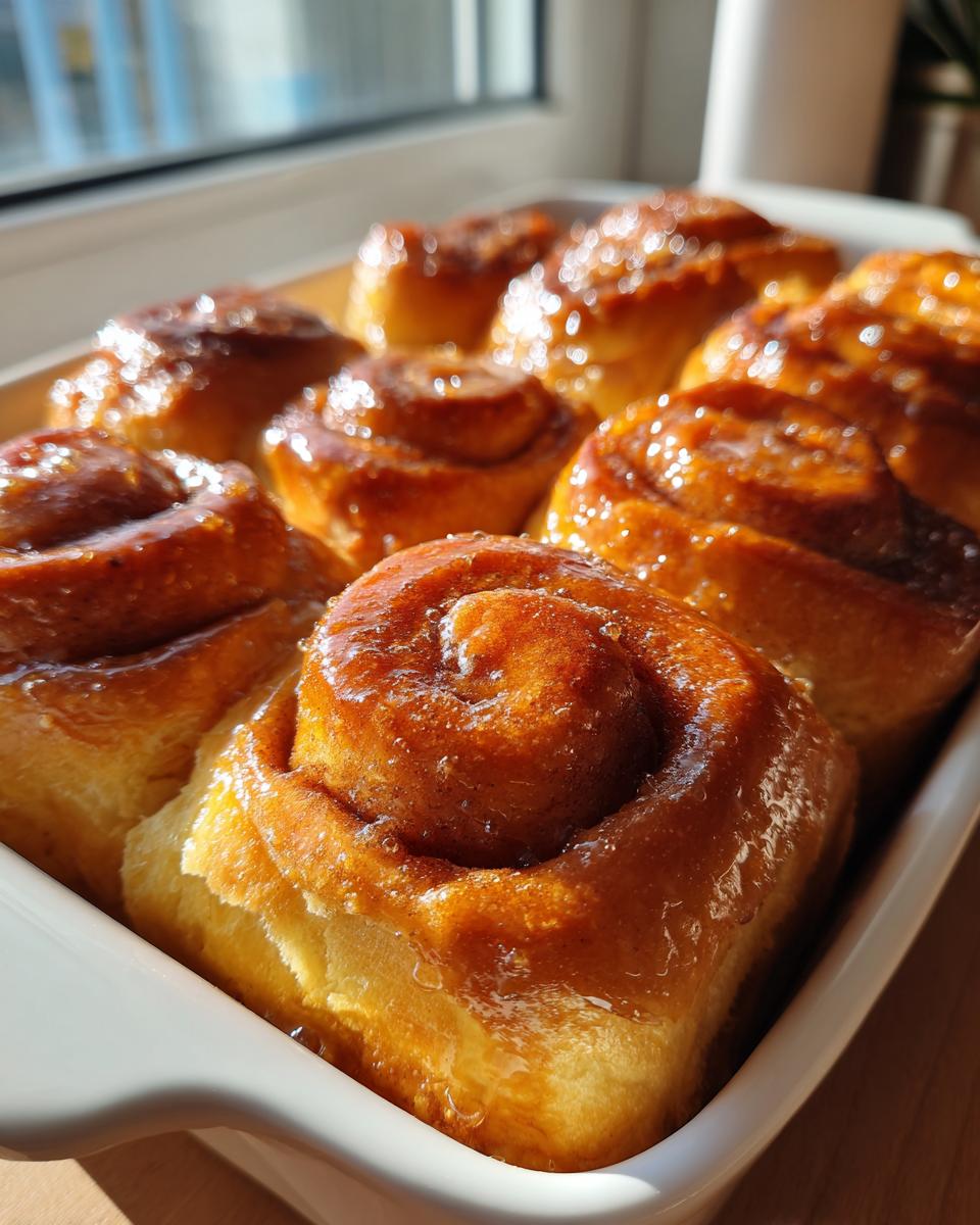 Close-up of freshly baked milk bread honey buns, golden brown and dripping with a shiny honey glaze in a white baking dish.