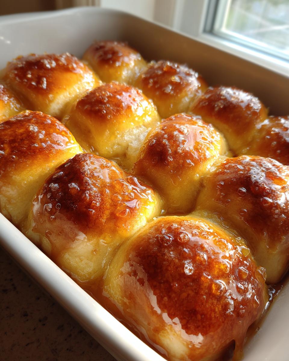 Close-up of golden brown milk bread honey buns soaking in a shiny, thick honey glaze in a white baking dish.