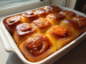 A close-up of freshly baked, glossy milk bread honey buns arranged in a white baking dish.