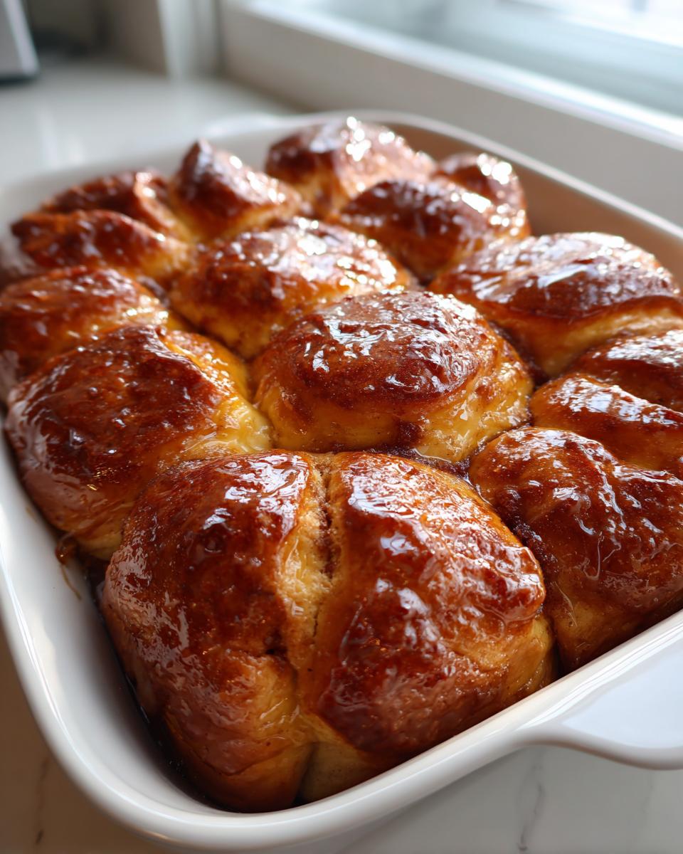 Close-up of freshly baked, glossy milk bread honey buns nestled together in a white baking dish.