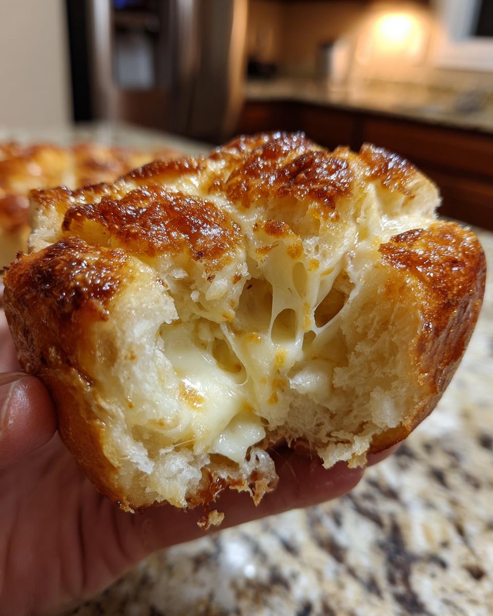 Close-up of a hand pulling apart a warm mini grilled cheese hawaiian roll showing melted, gooey cheese.