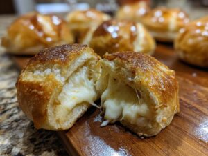 Close-up of a mini grilled cheese hawaiian roll pulled open to show melted, gooey cheese stretching between the halves.