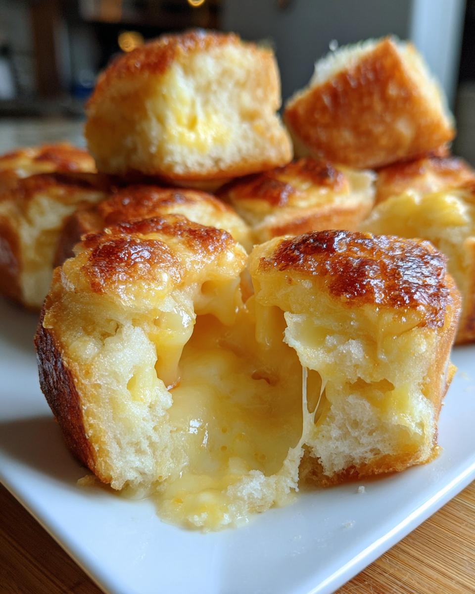Close-up of mini grilled cheese Hawaiian rolls, one pulled apart showing melted, gooey cheese inside.
