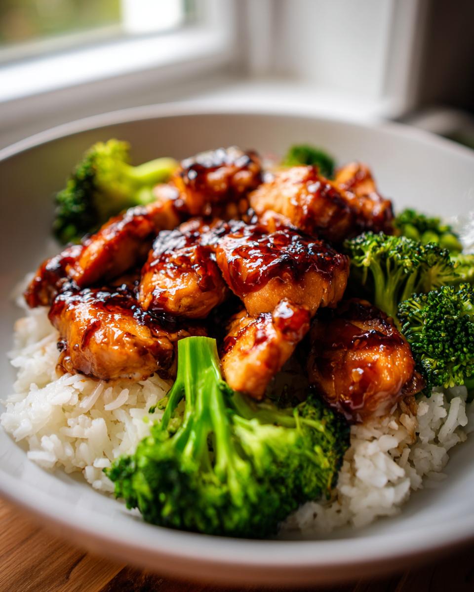 Close-up of a bowl featuring glazed Miso Chicken and Rice topped with bright green steamed broccoli florets.