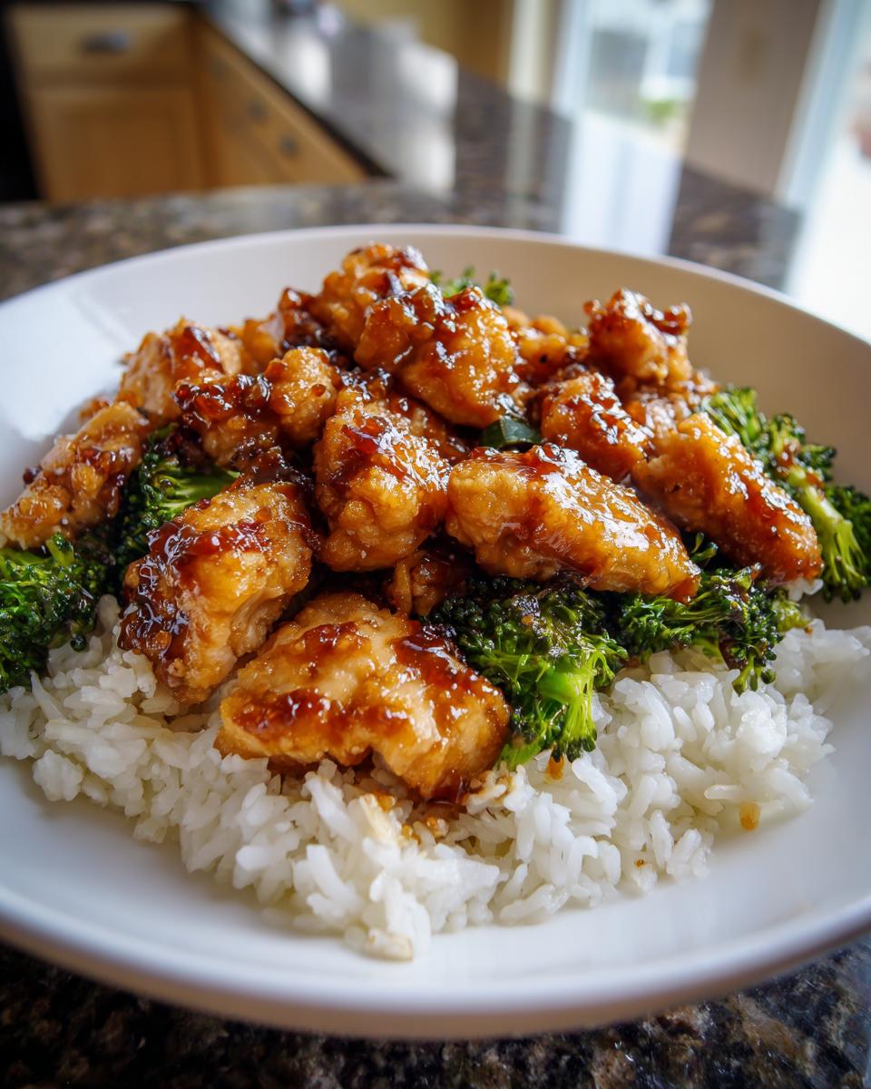 A bowl of white rice topped with glazed chicken pieces and bright green broccoli, representing Miso Chicken and Rice.