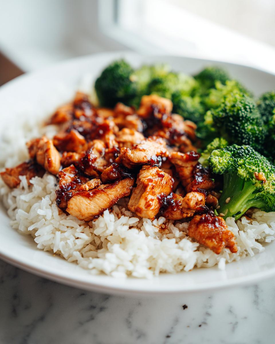 Close-up of Miso Chicken and Rice served with bright green steamed broccoli florets on a white plate.