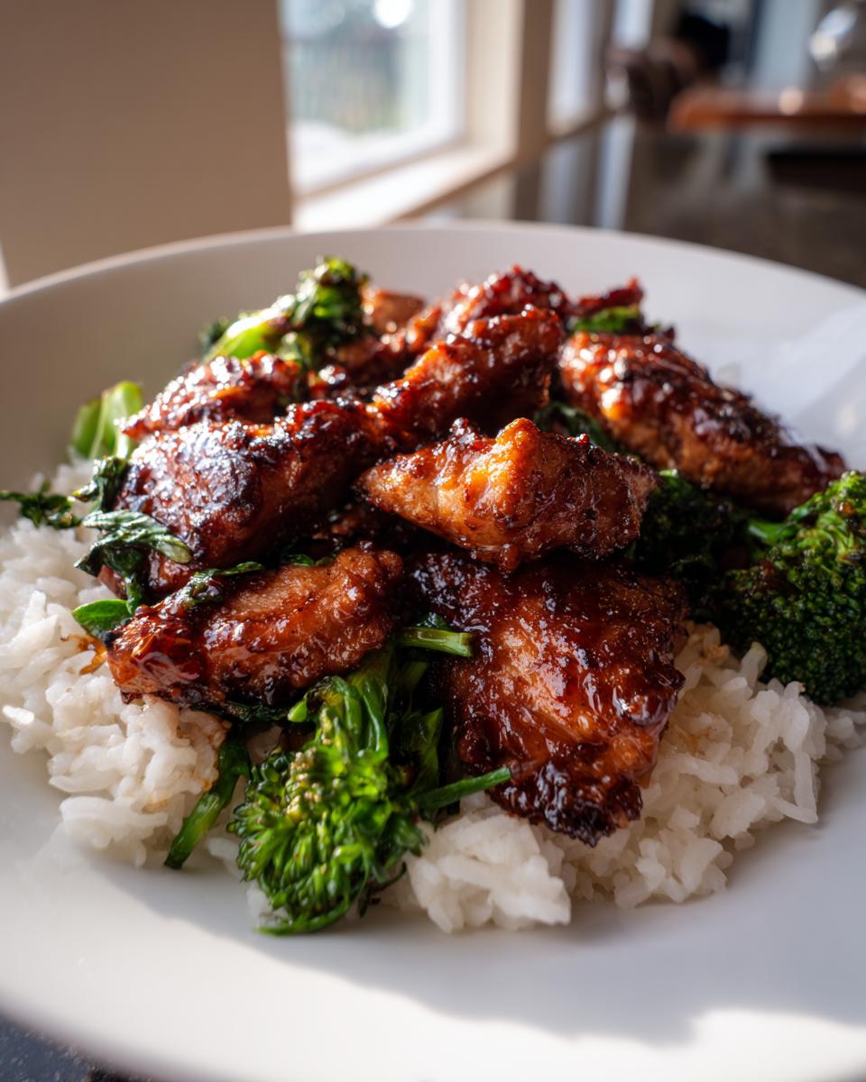 Close-up of glazed Miso Chicken and Rice topped with vibrant green broccoli florets in a white bowl.