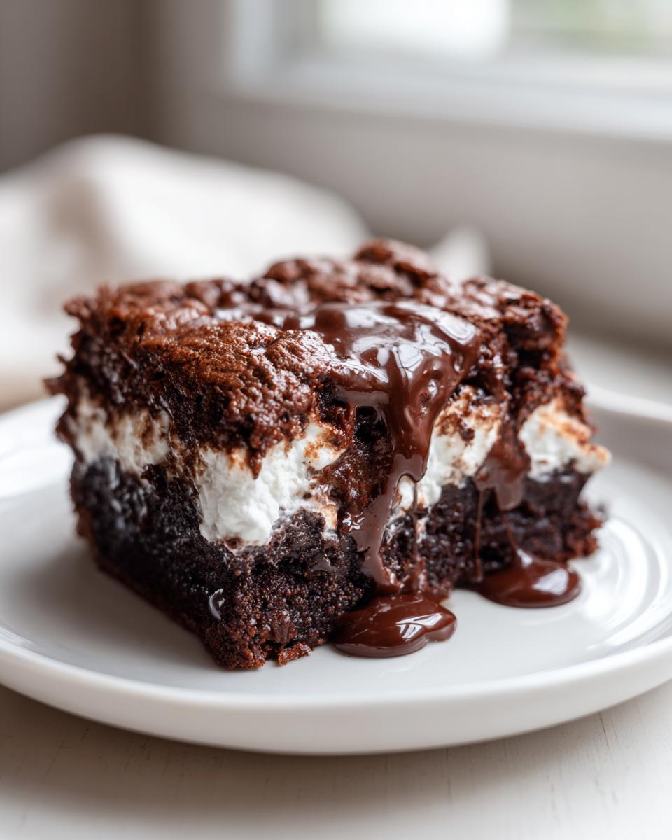 Close-up of a rich, layered slice of Mississippi Mud Cake topped with melted marshmallow and drizzled with thick chocolate fudge sauce.