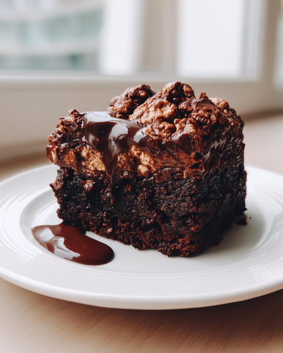 A decadent square slice of Mississippi Mud Cake topped with marshmallow/nut mixture and drizzled with rich chocolate sauce.