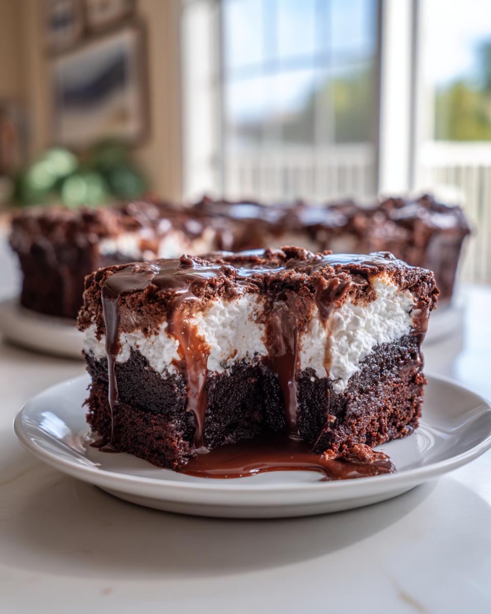 A rich slice of Mississippi mud cake featuring a dark chocolate base, white marshmallow layer, and dripping chocolate fudge topping.