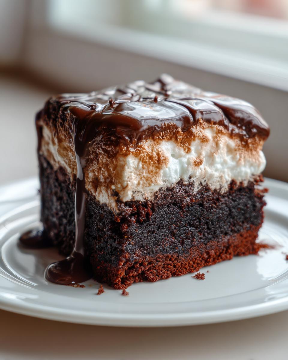 A decadent slice of Mississippi mud cake featuring a dark chocolate base, toasted marshmallow topping, and dripping fudge sauce.
