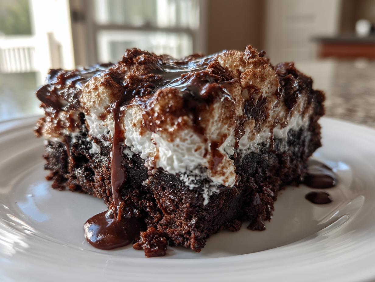 A rich, moist slice of Mississippi Mud Cake topped with toasted marshmallow and drizzled with chocolate fudge sauce.