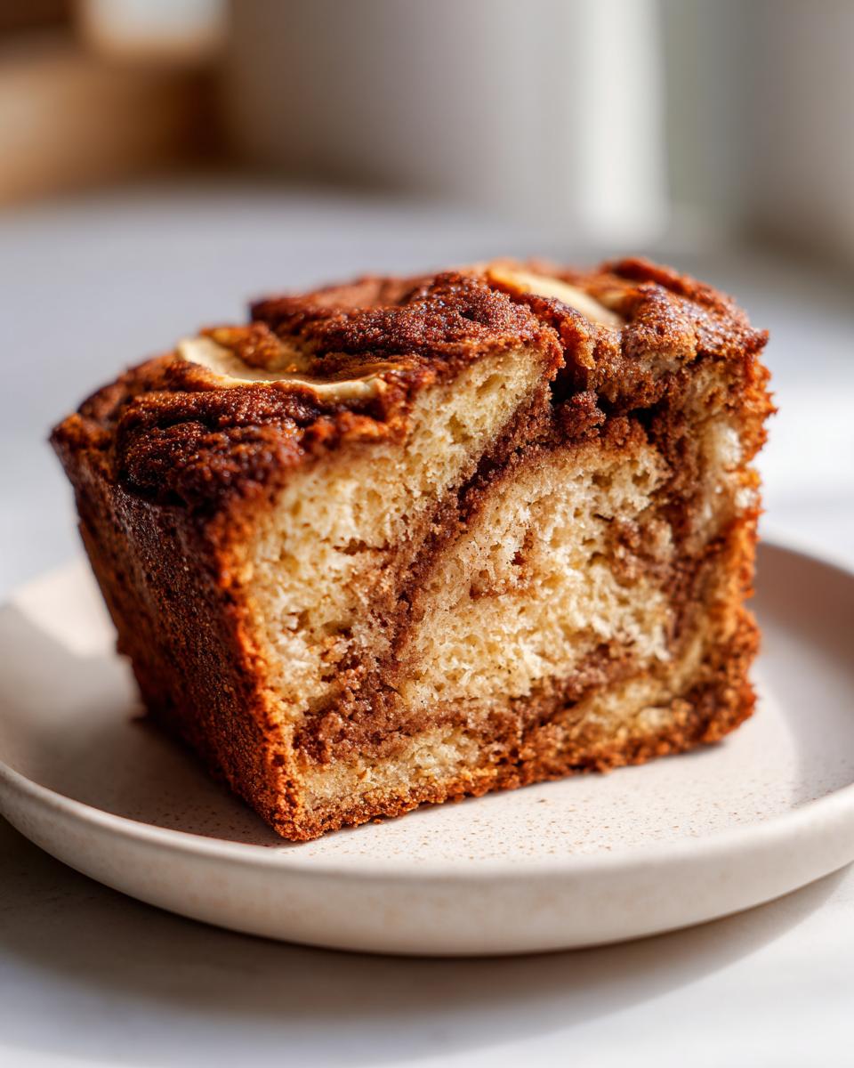 Close-up of a moist slice of apple bread showing a rich cinnamon swirl texture on a light plate.