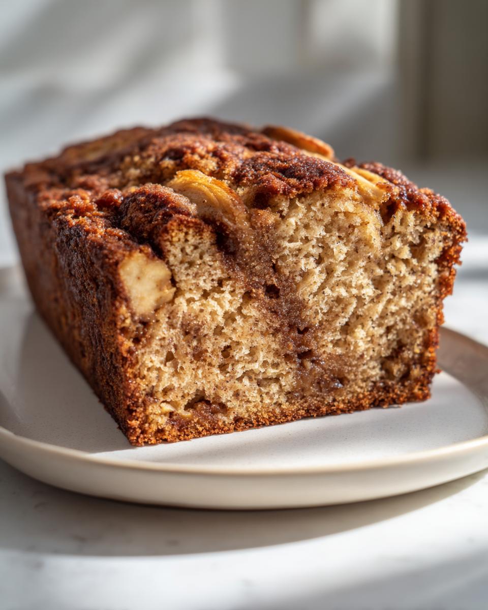 A close-up of a moist slice of homemade apple bread showing the crumb texture and cinnamon swirl.