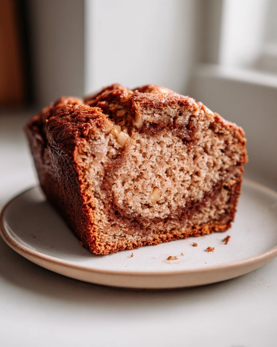 Close-up of a moist slice of amazing apple bread featuring a cinnamon swirl and visible nuts, resting on a small plate.