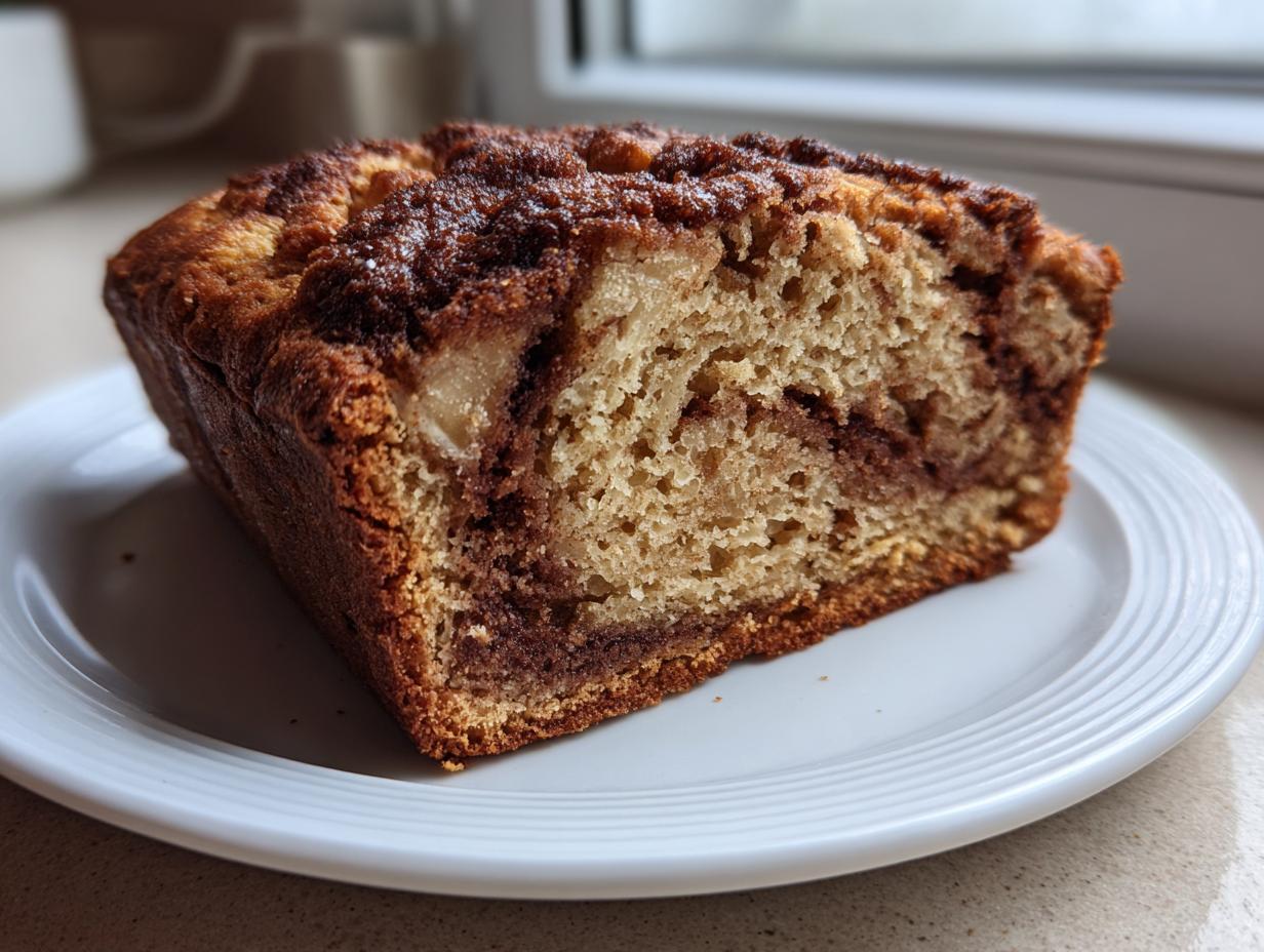 Close-up of a moist slice of apple bread featuring a visible cinnamon swirl and chunks of apple.
