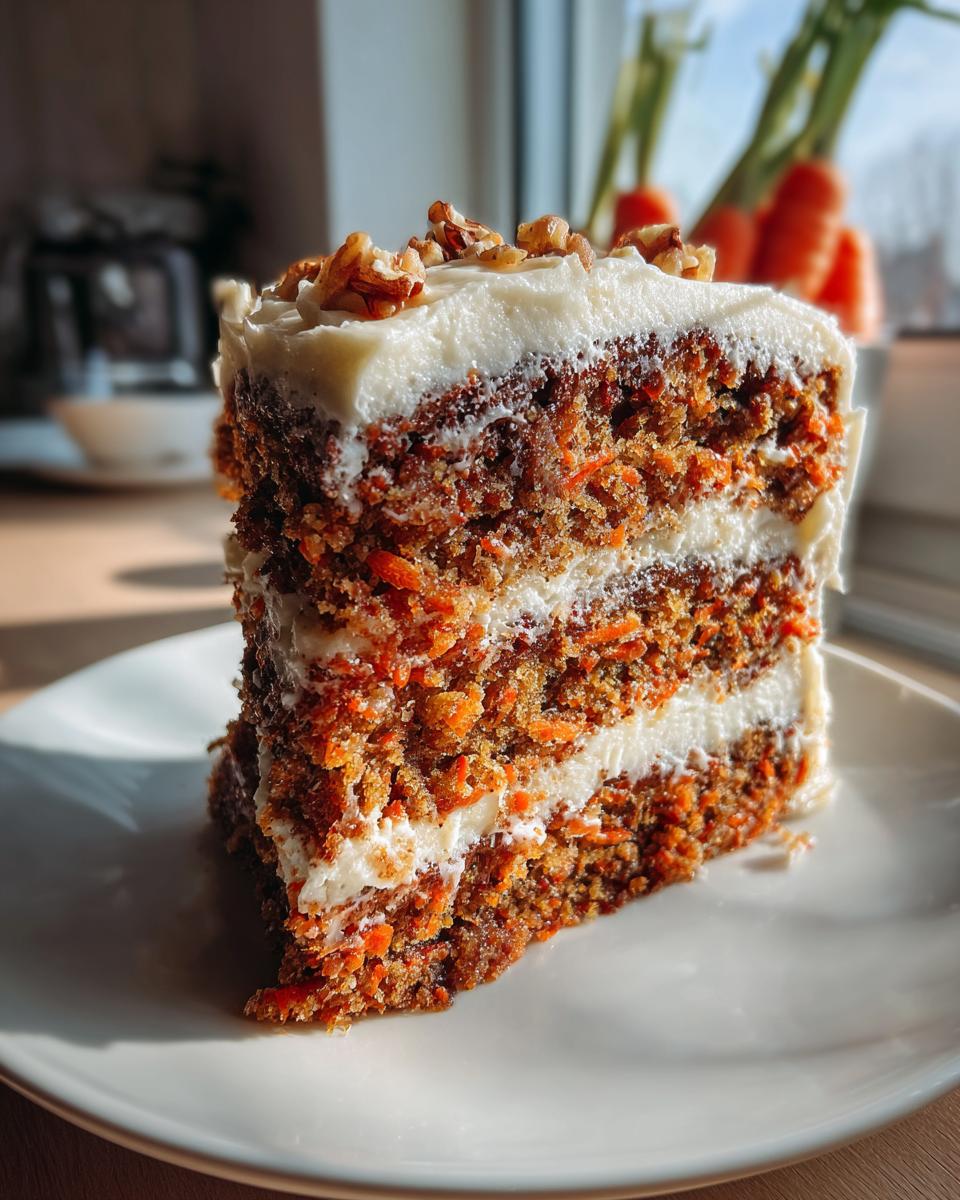 A tall, moist slice of carrot cake with three layers of cake and cream cheese frosting, topped with pecans.