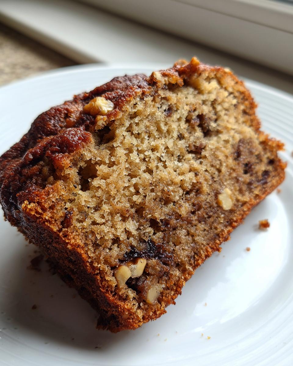 Close-up of a moist slice of sugar free banana bread showing its crumb texture and visible walnuts.