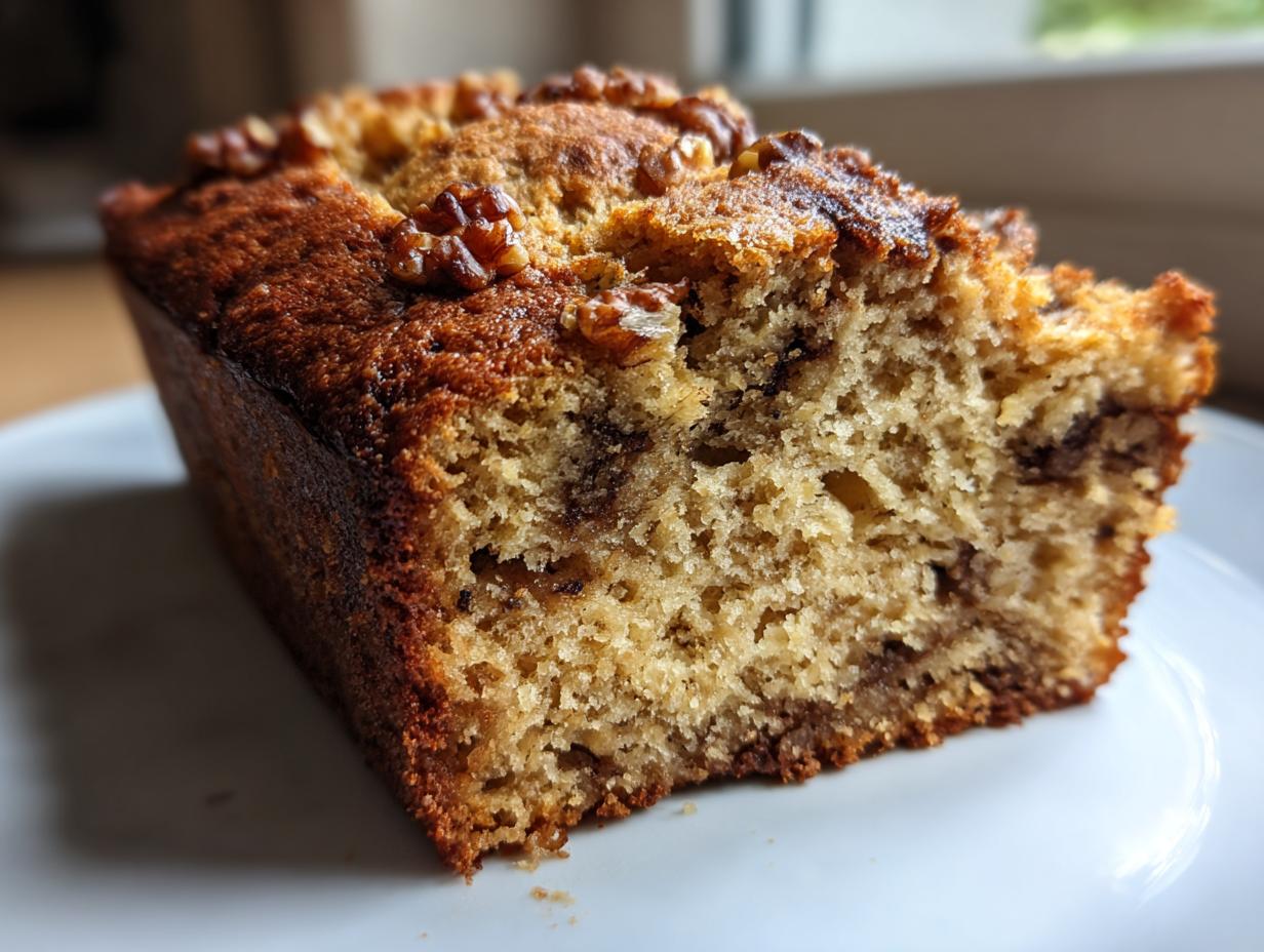 Close-up of a thick slice of moist sugar free banana bread topped with walnuts on a white plate.