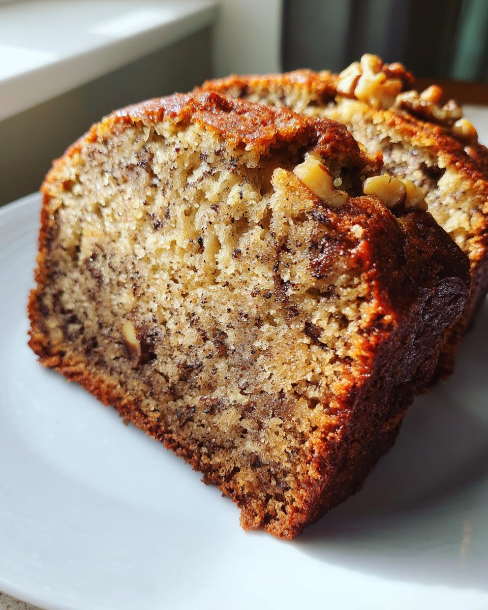 Close-up of two moist slices of sugar free banana bread topped with walnuts, sitting on a white plate.