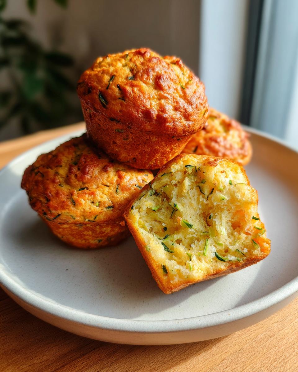 A stack of golden brown zucchini muffins, one broken open to show the moist interior with shredded green zucchini.