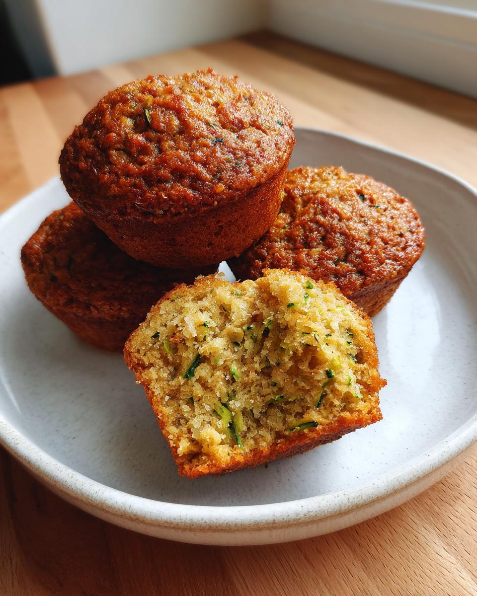 A stack of four golden brown zucchini muffins, one cut in half showing the moist interior with shredded zucchini.